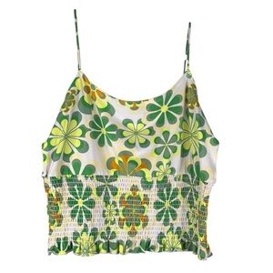 5 B Style Cream & Green 70's Style Smocked Spaghetti Strap Flowy Boho Top XL New